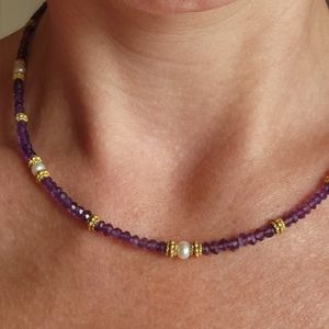 Handcrafted necklace with amethyst, freshwater pearl and gold plated silver